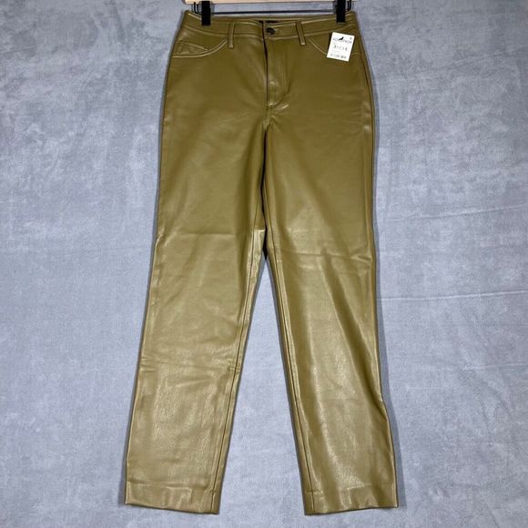 Halogen Womens Pants 4 Olive Vegan Faux Leather Mid-Rise Straight Leg Ankle NEW - Picture 1 of 9